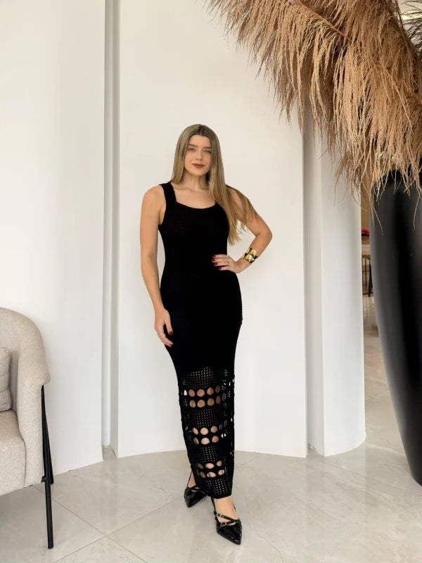 Vestido Tricot Lorrany Longo Barra Furos