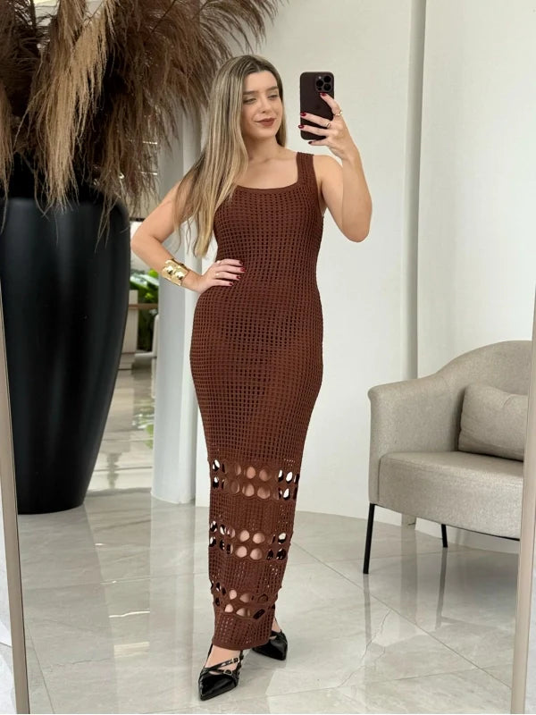 Vestido Tricot Lorrany Longo Barra Furos