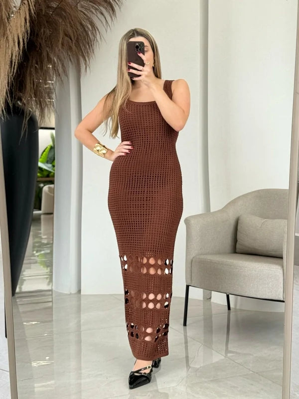 Vestido Tricot Lorrany Longo Barra Furos