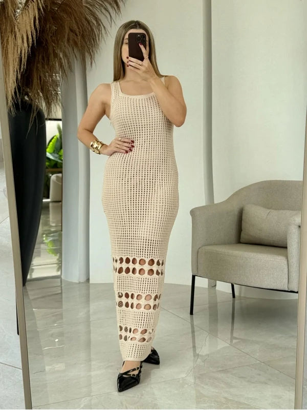 Vestido Tricot Lorrany Longo Barra Furos