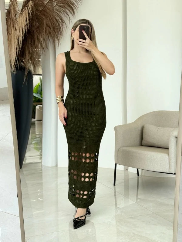 Vestido Tricot Lorrany Longo Barra Furos
